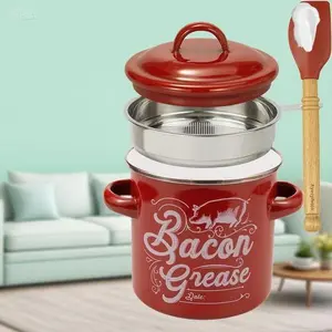 46OZ Large Capacity Grease Keeper with Strainer - Enamel Bacon Drippings Container, Dishwasher Safe, Includes Silicone Wooden Spatula, Farmhouse Red Kitchen Decor, Reusable for Cooking Oil Storage Lid Stainless Steel Utensils mini basket bee charm cap bro