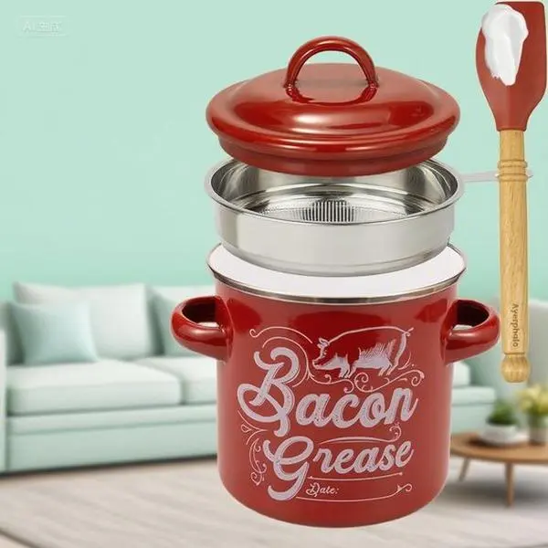 46OZ Large Capacity Grease Keeper with Strainer - Enamel Bacon Drippings Container, Dishwasher Safe, Includes Silicone Wooden Spatula, Farmhouse Red Kitchen Decor, Reusable for Cooking Oil Storage Lid Stainless Steel Utensils mini basket bee charm cap bro