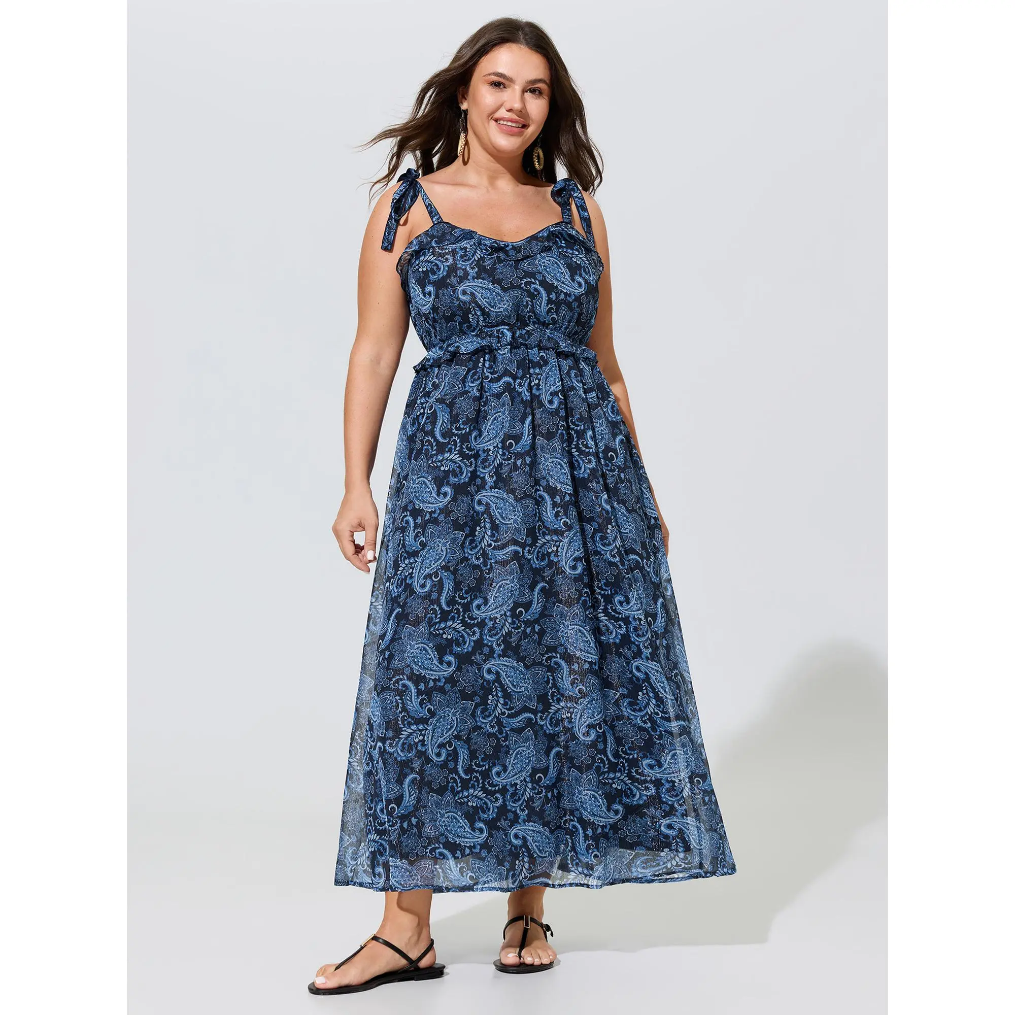 BLOOMCHIC Women's Plus Size Sleeveless Bohemian Paisley Print Shoulder-Tie Ruffled Maxi Dress - Smooth Polyester Garment, M-6X Sizes, 2026 Spotlight, Summer Finds Deals, Casual, Fabric, Fit, Pocket, Casual Wear, Curvy Dresses Plus Size