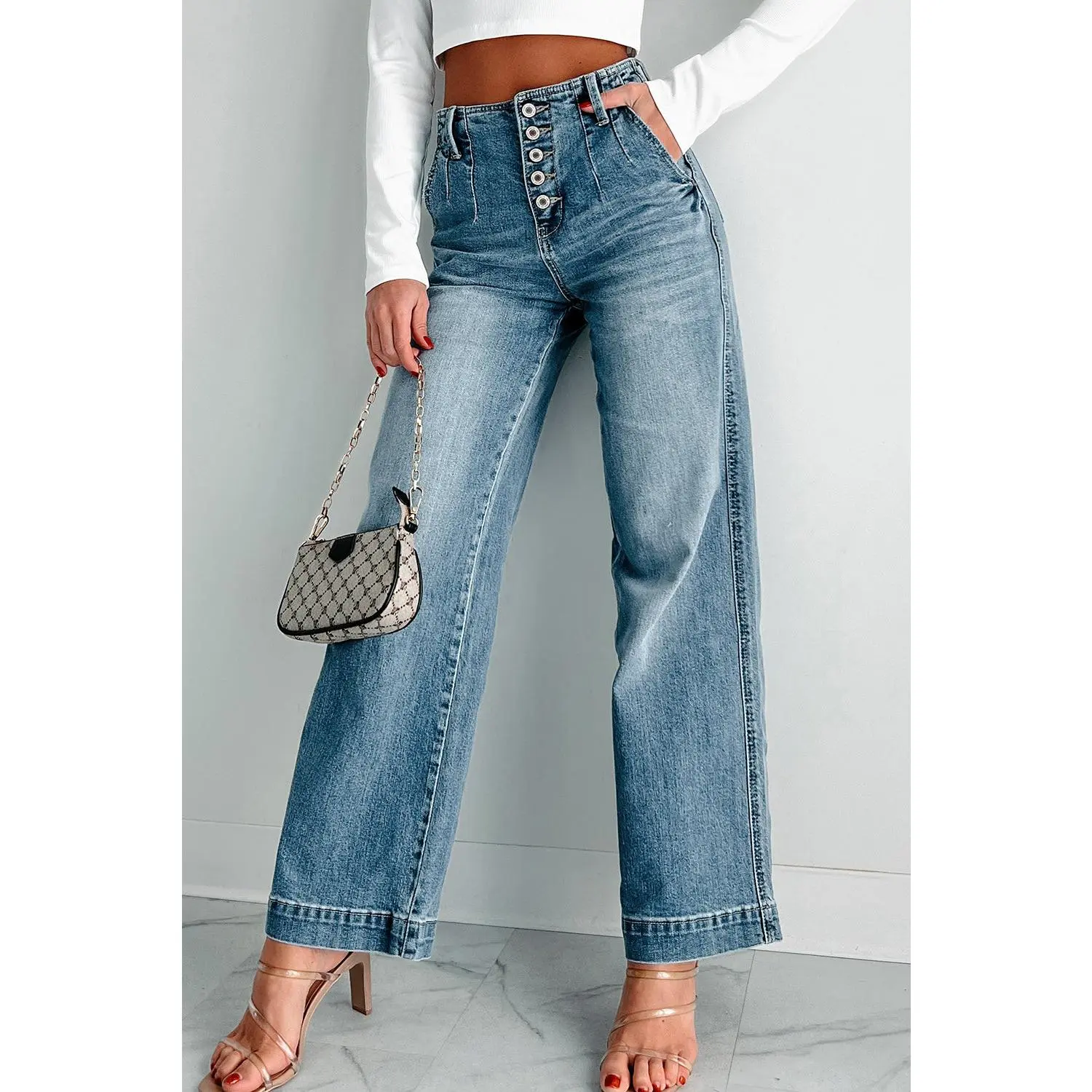 Dusk Blue Multi Button Waist Wash Straight Leg Jeans