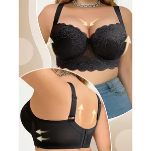 Women's Plus Size Lace Push Up Bra, Wide Straps, Smooth Basic Fabric, Breathable Comfortable Everyday Lingerie, Rotating Openwork Multi-Ring Statement Design Scalloped Push Up