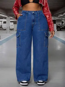 Women's Plus Size Washed Loose Fit Jeans Pants, Long Sleeve Design, Workwear Pocket Style, Comfortable and Stylish Denim