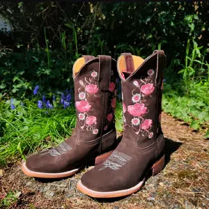 Women Brown Suede Rodeo Cowgirl Square Toe Boots Pink Rose Top