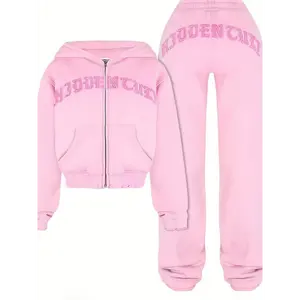 Chic Women's Athletic Set: Full-Zip Hoodie & Slim-Fit Pants - Comfortable, Adjustable, and Stylish with Letter Print Design