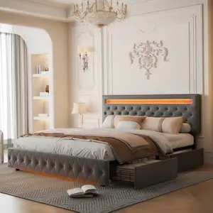 GEGOFORU Queen LED Bed Frame with 4 Storage Drawers – RGB Smart Lights, Adjustable Upholstered Headboard, Modern Platform Bed, No Box Spring Needed
