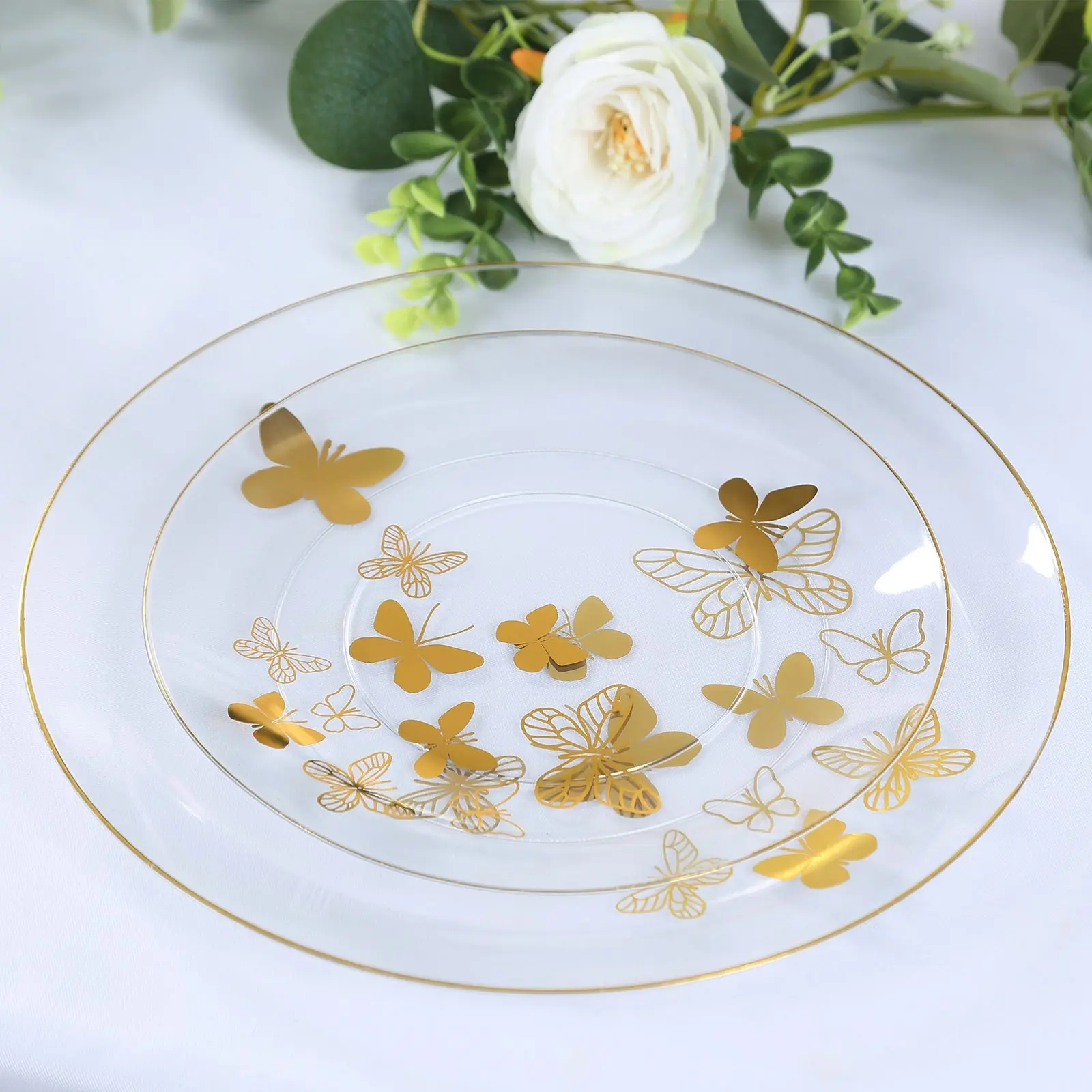 Set of 20 Plastic Round Dinner and Salad Plates 8", 10" Clear with Gold Butterfly Design & Gold Rim - Chic Disposable Dinnerware