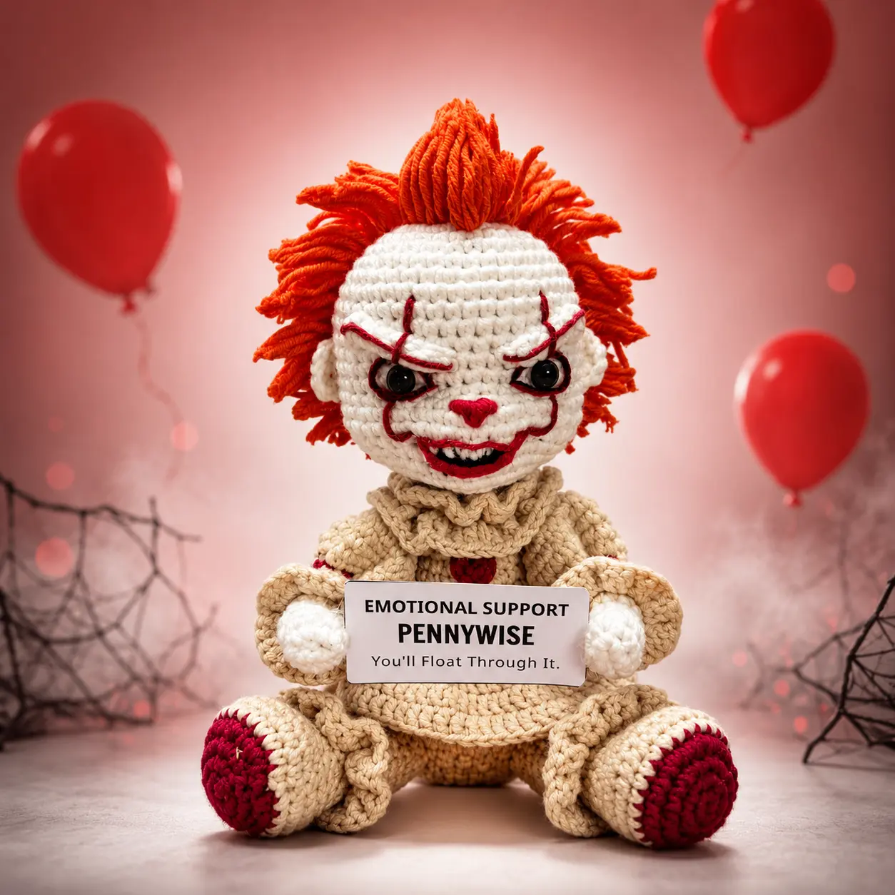 Pennywise Emotional Support Crochet Doll, Handmade Horror Clown Plush, Funny Spooky Desk Decor, Halloween Gift for Horror Fans, Cute Creepy Collectible, Trending 2026-2027