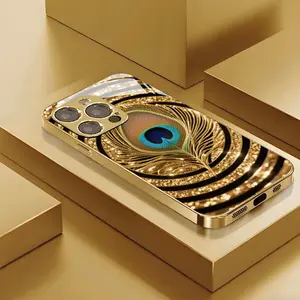 Peacock Feather Pattern Black and Gold Gold-Plated Glass Phone Case - Protective Casing for iPhone 17,16,15,14,13,12,11 Plus Pro Max, Tech Accessories with Protection for Smartphones