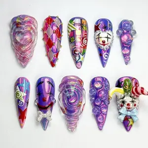 3D Clown Press On Nails | Harlequin Carnival Nail Art | Handmade Statement False Nails for Beaches, Summer, Holiday, Vacation, Birthday