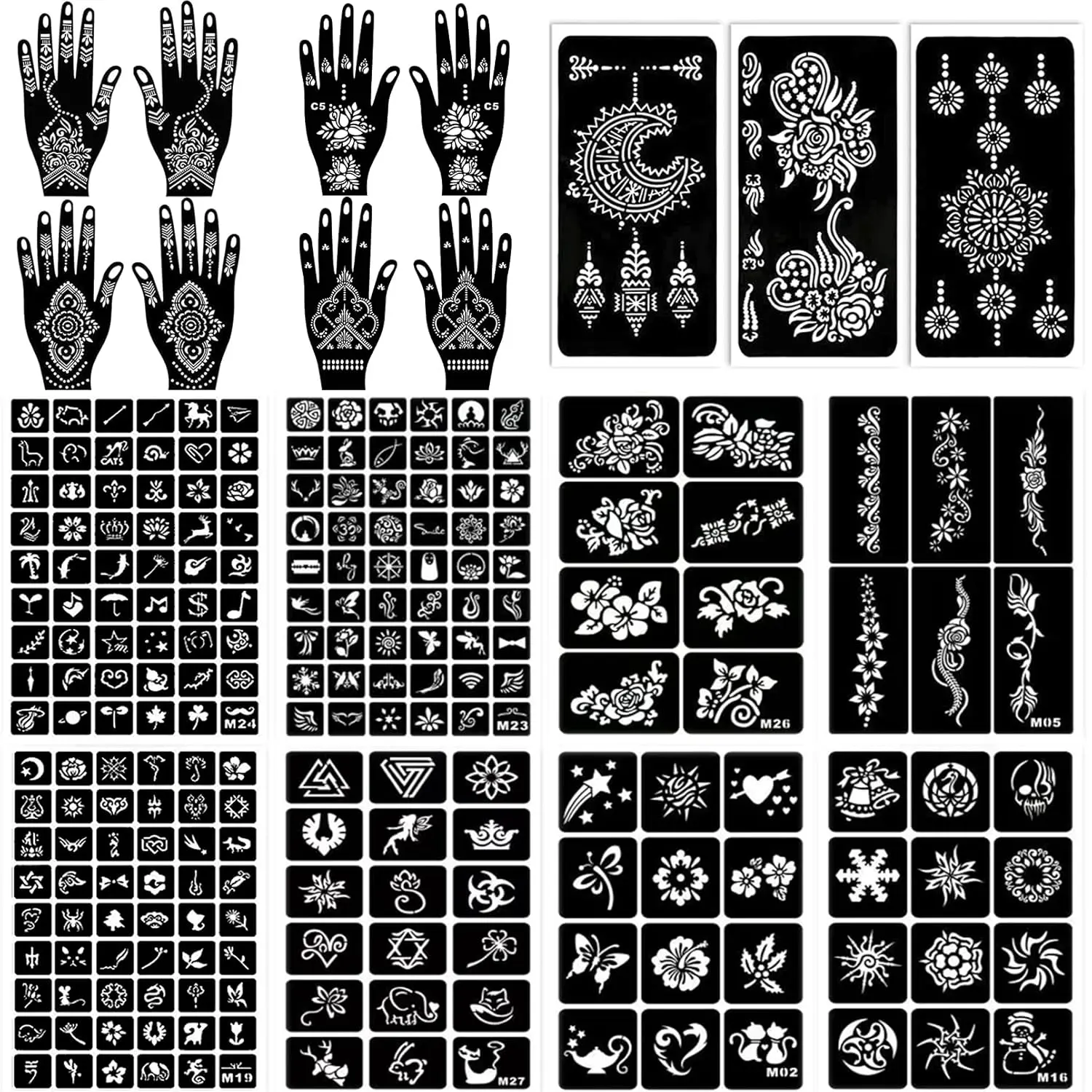 229pcs Henna Tattoo Stencils, 19 Sheets Temporary Tattoo Stencils for Women Face Body Paint DIY Art Glitter Airbrush Tattoo Pack