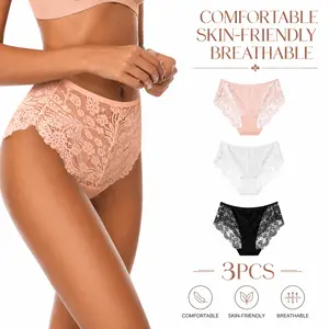 Elegant High Rise Lace Underwear (3 Pack) - Breathable Floral Mesh Lingerie Panties with Cotton Crotch, Soft Strech Briefs Womenswear period underwear fashion comfy Assorted Color Contrast Set
