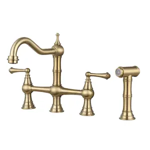 WOWOW Brass Kitchen Faucet Bridge with Side Sprayer, 4 Hole Kitchen Faucet 2 Handle 8 Inch Centerset Gold Faucet for Kitchen Sink