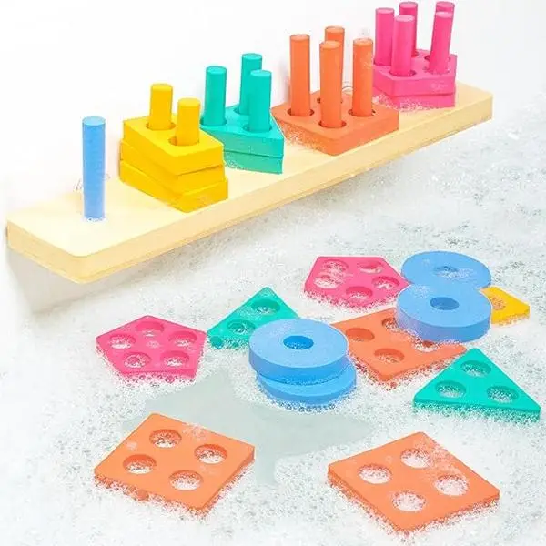 Tub Works Splash Stack & Sort Shape Sorter & Stacking Toddler Bath Toy 20 Foam Pieces Early Learning Bathtub Toys for Toddlers & Kids Safe Durable BPA