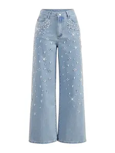 Y2K Luxe Rhinestone Wide Leg Pants, Light Blue Wash Denim Jeans, Comfortable Fashion Design, Perfect for Casual Wear, All Seasons