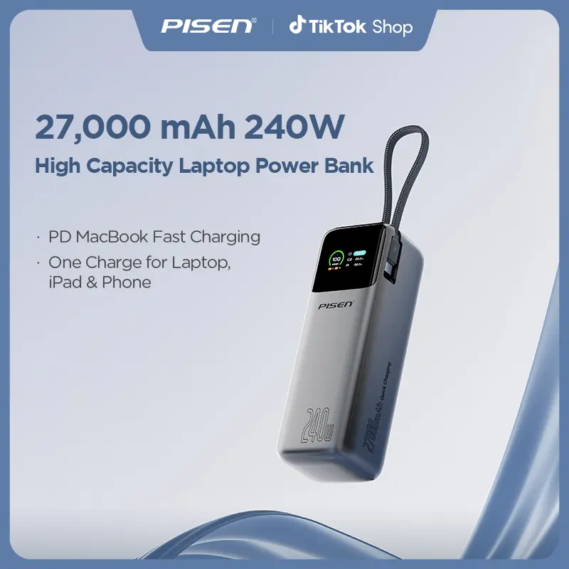 PISEN 240W Super Fast Charging 27000mAh Laptop Power bank Portable Charger with Triple 140W USB-C Ports, Built-in Retractable Cables, Flight-Approved for Travel, iPhone 16/15 Series, MacBook, Samsung, and More