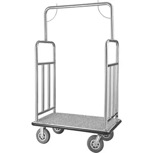 VEVOR Hotel Luggage, 1200 LBS Load Capacity, Brushed Stainless Steel Finish Bellman's Cart, Valet Cart with Grey Carpeted Deck and 8-inch Rubber Wheels, Ideal for Hotels, Condos, Resorts, Silver