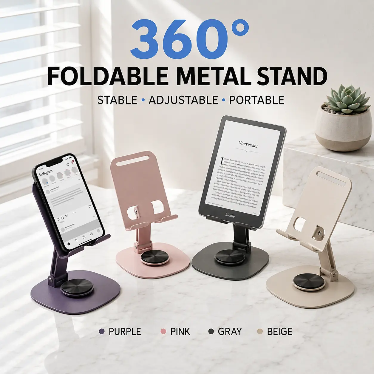 Metal Phone Stand for Desk, 360° Swivel Foldable Phone Holder, Adjustable Tablet & Phone Stand for iPhone iPad Smartphones, All-Metal Desktop Mount with Stable Base, Height & Angle Adjustable Stand for Work Study Streaming
