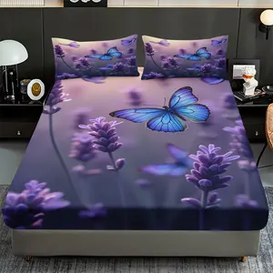 2/3 Pcs Purple Lavender,Butterfly Pattern Down Fitted Sheet Set (1*Fitted Sheet+1/2*Pillowcase,No Filling)Digital Print,Soft,Breathable Sheets,High-End Bedding Set,all Season Use Machine Washable,Best Holiday Gift