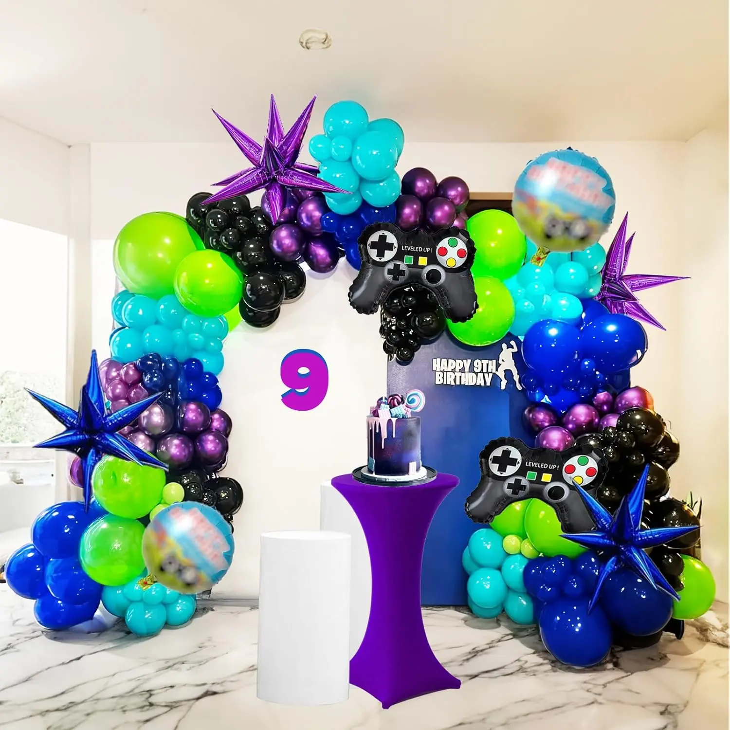 Video Game Balloon Garland Arch Kit 127Pcs Purple Teal Blue Green Black Purple Starburst Foil Balloons For Boys Game Theme Party Decorations Gamer Night Birthday Supplies