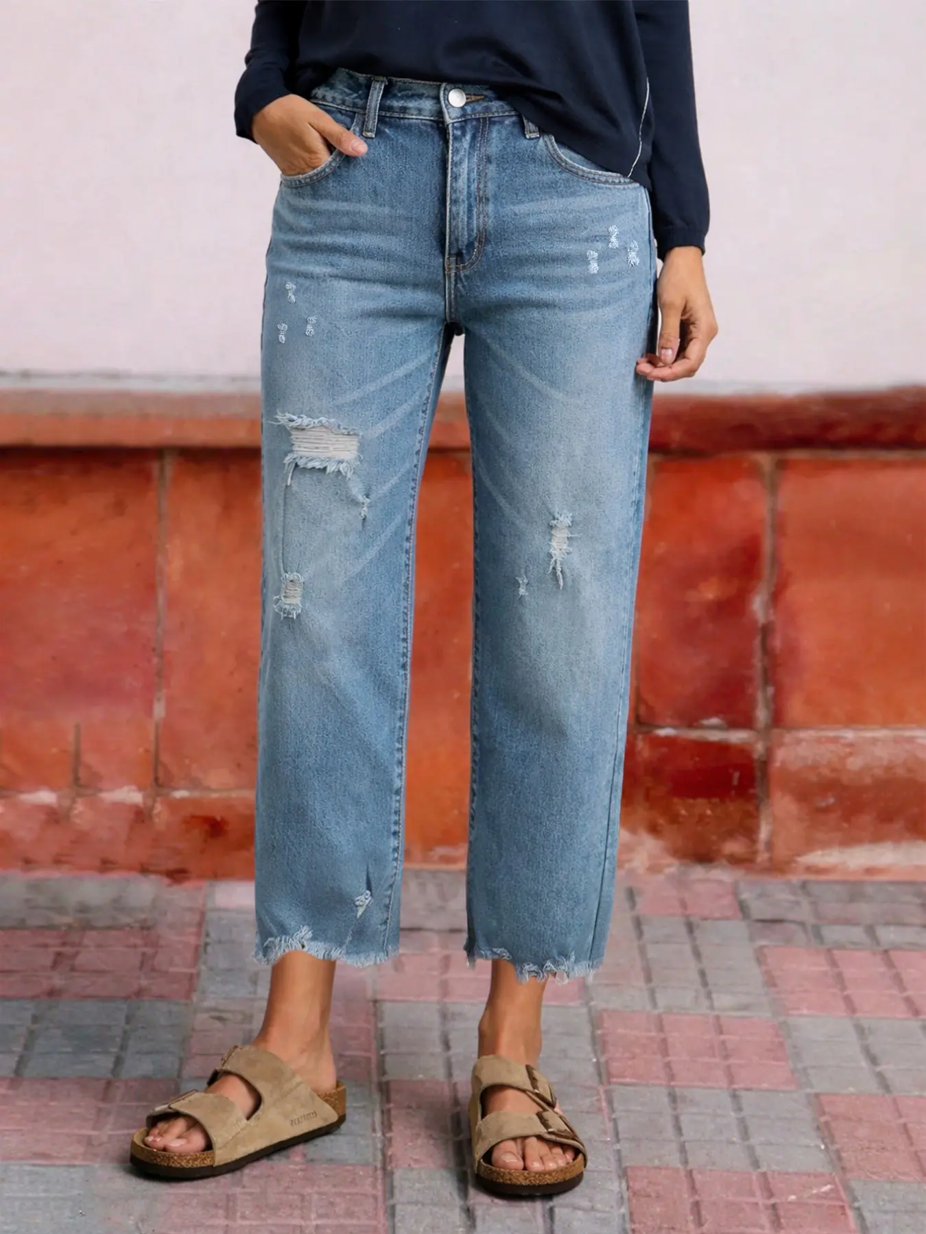 Women's Washable Elastic Fabric Frayed Hem Ripped Loose Straight Denim Jean Capri Pants, Casual Jeans Summer, All-Season Wear