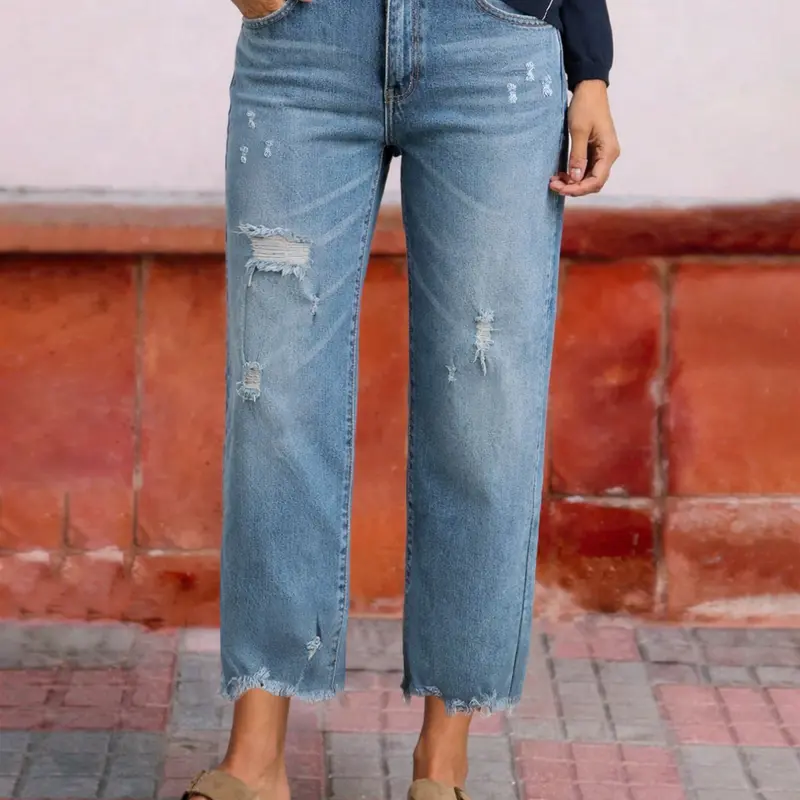 Women's Washable Elastic Fabric Frayed Hem Design Ripped Loose Straight Denim Jean Capri Pants Summer, All-Season Wear