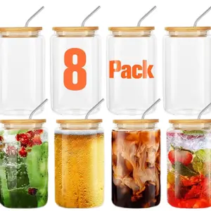 8 Piece 16oz Glass Cups with Straws - Thicker and Sturdy - Drinkware glass cup