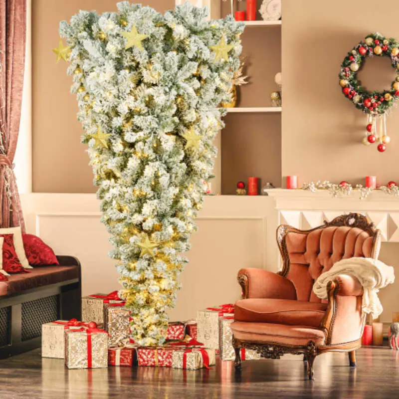 GO FT Upside Down Christmas Tree with White Flocking LED Warm Lights X mas and Golden Star Decorations