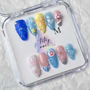 TiTinails 3D Summer Beach Press On Nails| Almond Shape| Starfish Heart Flower Design| 100% Handmade 10pc Reusable Set
