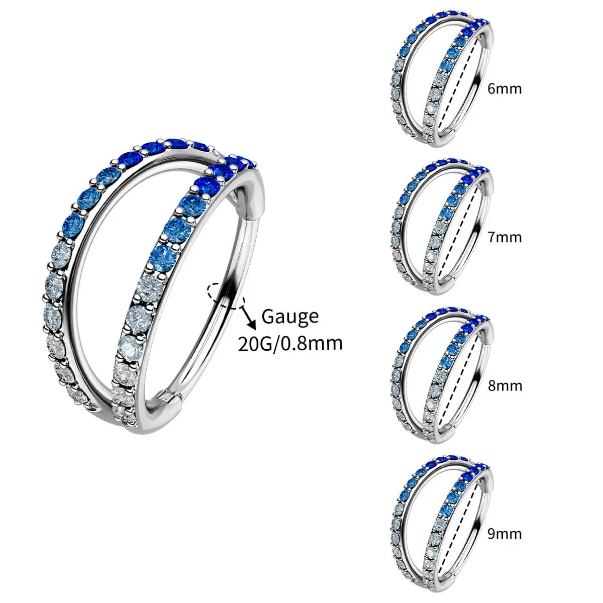 OUFER 20G/0.8mm 316L Stainless Steel Ombre Gradient Cubic Zirconia Double Hoop Nose Ring - Nose Piercing, Helix Piercings Jewelry, 6mm-9mm Inner Diameter, Casual Everyday Wear