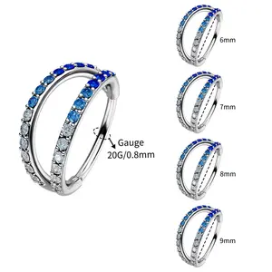 OUFER 20G 316L Stainless Steel Ombre Gradient Hue Cubic Zirconia Double Hoop Nose Ring Jewelry, 6mm-9mm Inner Diameter, for Daily Wear
