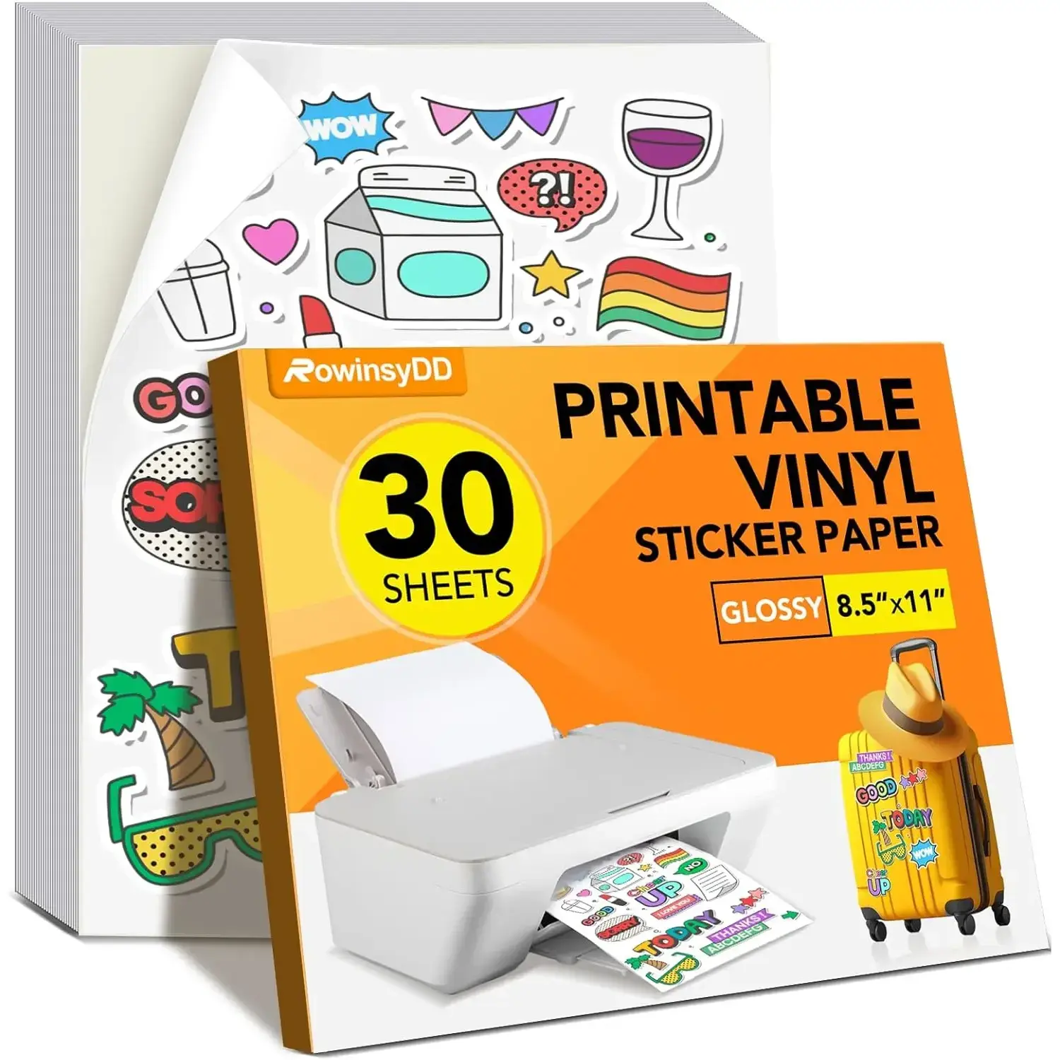 30 PCS Sticker Paper for Inkjet Printer, Printable Vinyl Sticker Paper Dries Quickly Vivid Colors, 8.5"x11" Tear Resistant Printable Vinyl, Glossy White, Inkjet & Laser Printer
