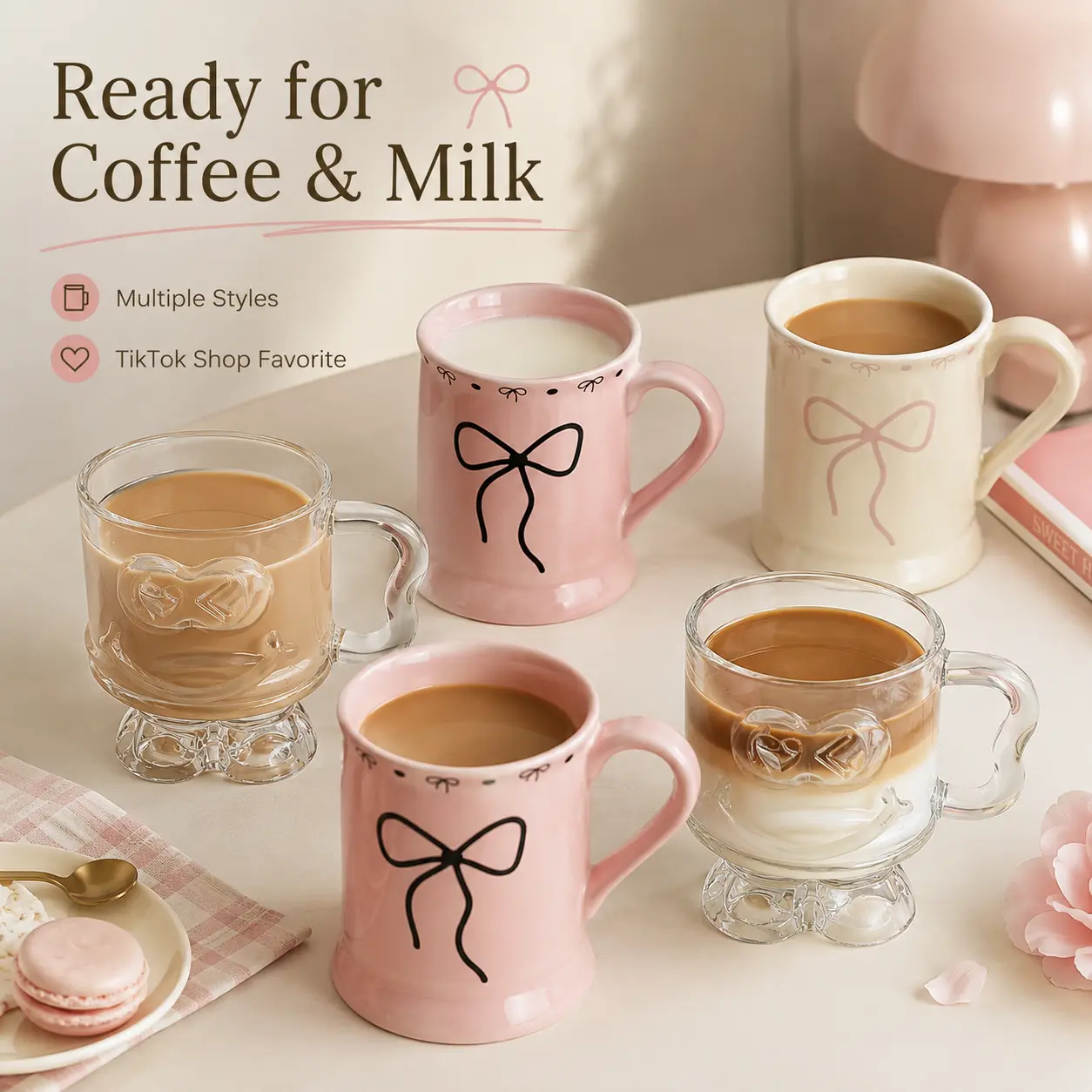 11.7oz Cute Bow-Embossed Stemmed Glass Mug with Handle, Crystal-Clear Drinkware, TikTok Viral Aesthetic for Iced Latte, Milk & Gifting