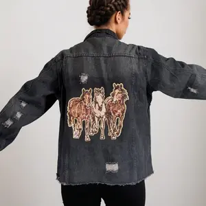 Running Horses Sequin Embellished  Black Denim Jacket
