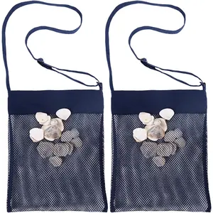 Sand  Beach Treasures Seashell Pocket Mesh Bags - Set of 2 (Large) (Navy Blue)