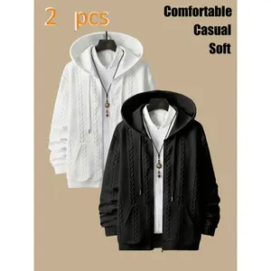 Men's Fashion Cable-Knit Texture Hooded Jacket: Full-Zip Design - Soft Casual Wear