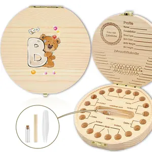 Wooden 26 Letter Bear Pattern Tooth Box, 1 Count Milk Teeth Organizer for Kids, Lanugo Umbilical Cord Storage with Bottle Tweezer, Keepsake Newborn Memory Case