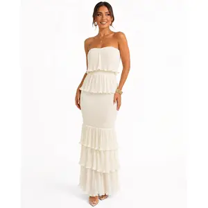 White Strapless Shirred Ruffle maxi dress for Women, Bandeau Layered Hem white dress, wedding guest dresses for Bridal Shower, Party and Formal Occasion