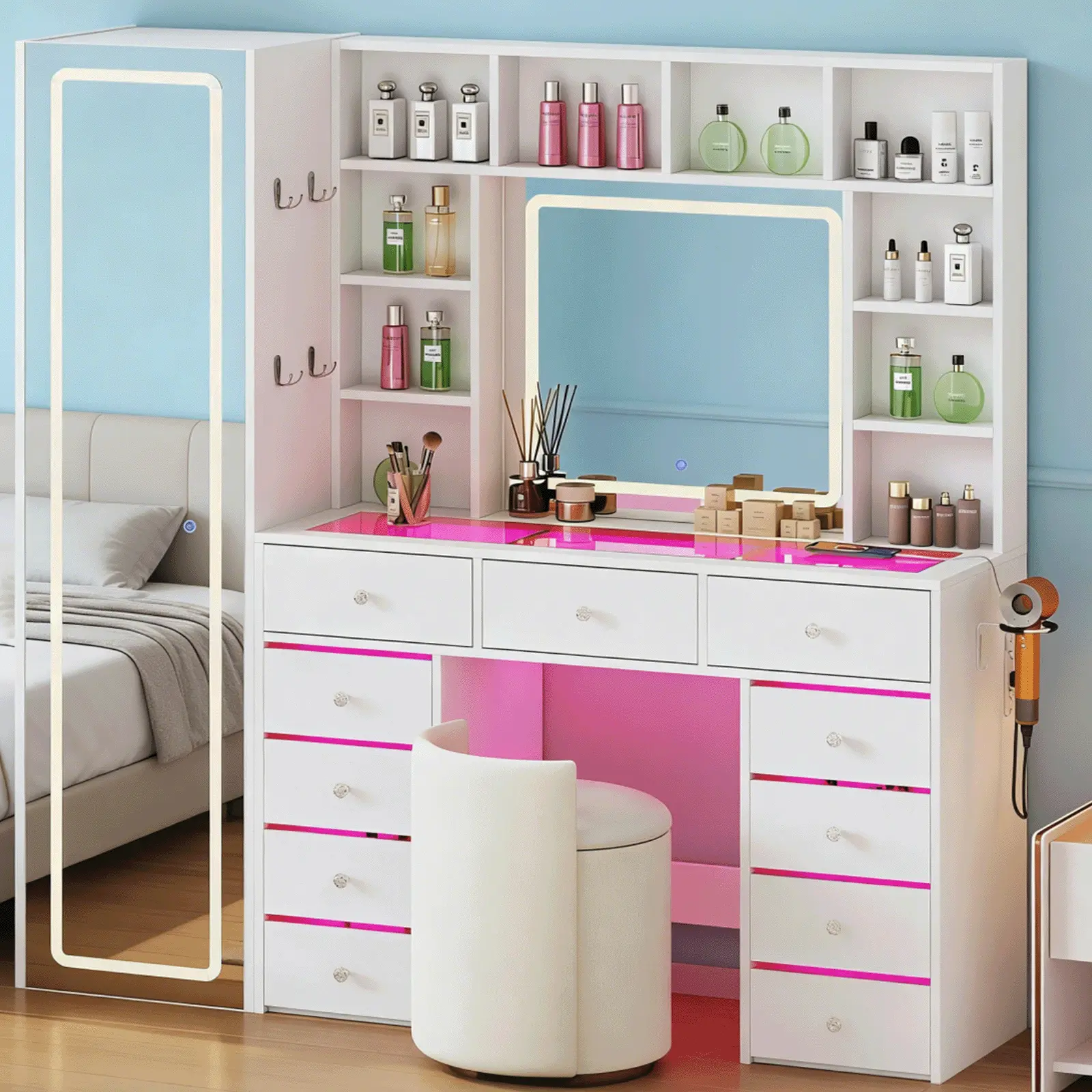 Full Length Mirror Vanity Desk with RGB Drawers and Storage Shelf Transparent Top Makeup Station with Charging Function White 10 Shelves Organizer for Bedroom Beauty Furniture