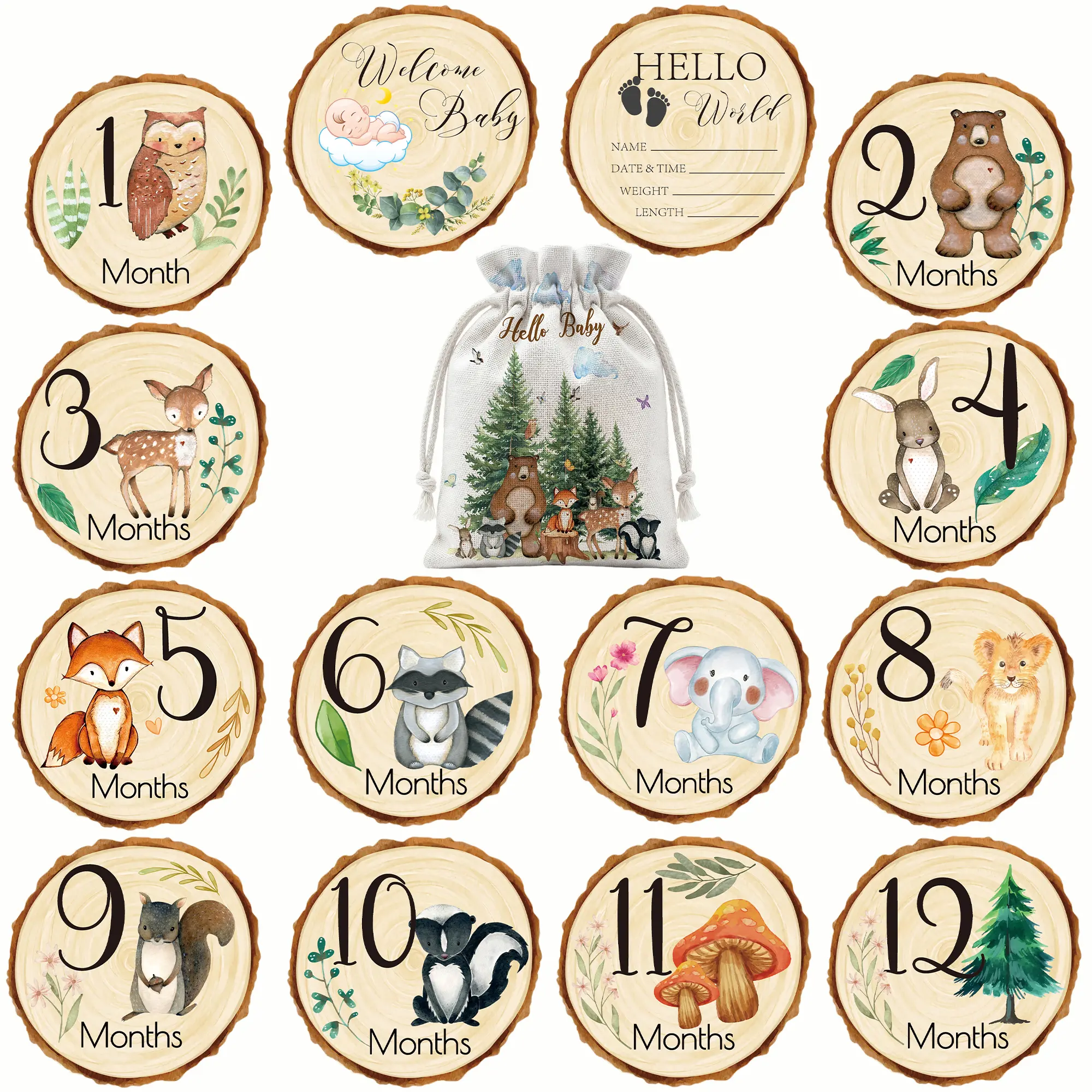 7Pcs Double-Sided Woodland Baby Monthly Milestone Wooden Sign Set with Drawstring, Newborn Announcement Decor, Boy/Girl Photo Prop Gift