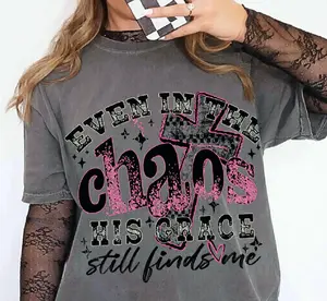Even In The Chaos His Grace Finds Me Shirt, Bible Verse Faith Checkered Christian Design Tee For Womens, Cotton Top Womenswear Short Sleeve Gift