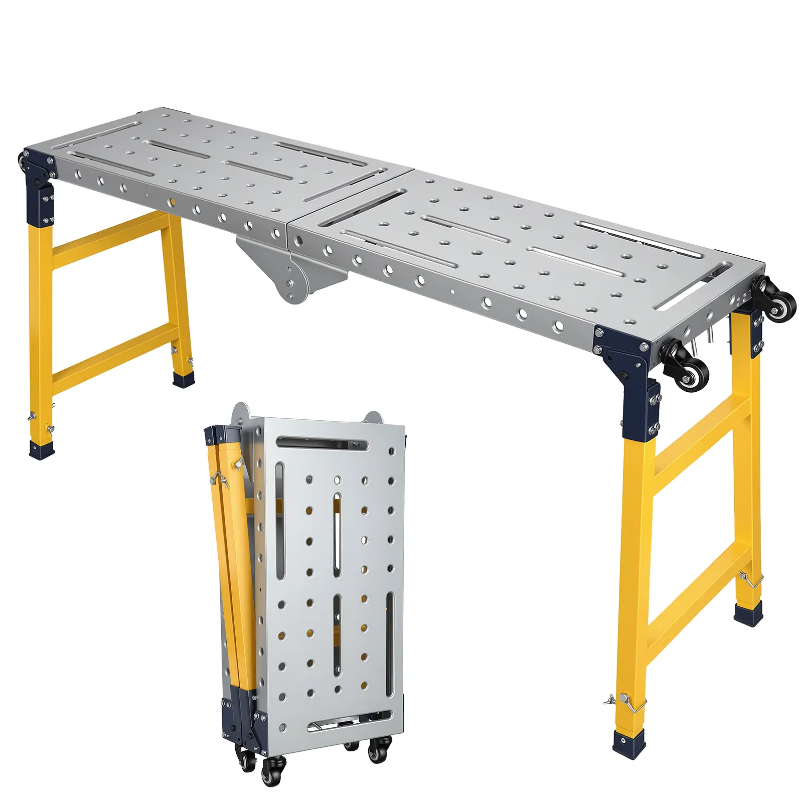 Zinc-Plated Foldable Heavy-Duty Metal Work Platform with Wheels, 1x Foldable Horse Stool (140x36x70cm), 1100 lbs (500kg) Capacity, Anti-Slip Surface, 4/5 Height Adjust Settings (60-120cm) for Home Improvement, Decoration