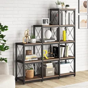 LITTLE TREE 12 Shelves Bookshelf, Industrial Ladder Corner Bookshelf 9 Cubes Stepped Etagere Bookcase, Rustic 5-Tier Display Shelf Storage Organizer for Home Office