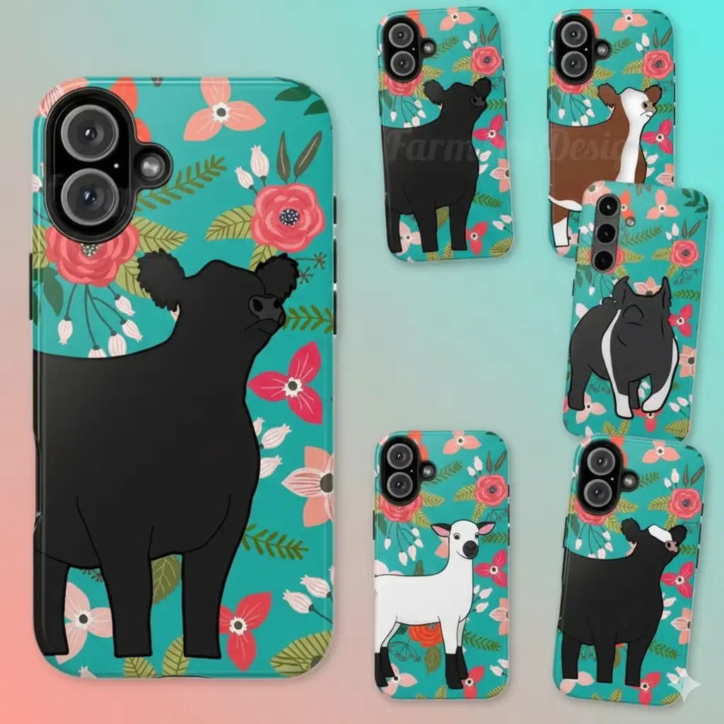 Tough Teal Rubber-Plastic Polycarbonate Waterproof Shock-Absorbing Livestock Floral iPhone Cases - Heifer, Lamb, Goat, Pig, Chicken Designs, Wireless Device Compatible