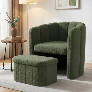 Raybee Barrel Accent Chair with Storage Ottoman, Teddy Fleece Shell Back, Ergonomic Lumbar Support, Spring Foam Seat, 300 lbs, Reading Chair for Bedroom Living Room Home Office, Matcha Green