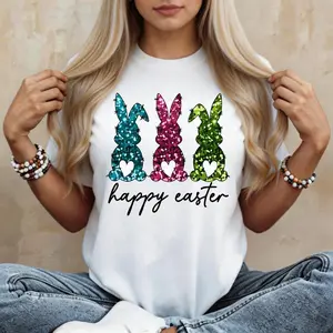 Women's Short-Sleeve Crop T-Shirt - Glitter Bunny Easter Print Round Neck Casual Streetwear Sports Tee, 3-Color Style for Spring Festival Celebration, Holiday Gift