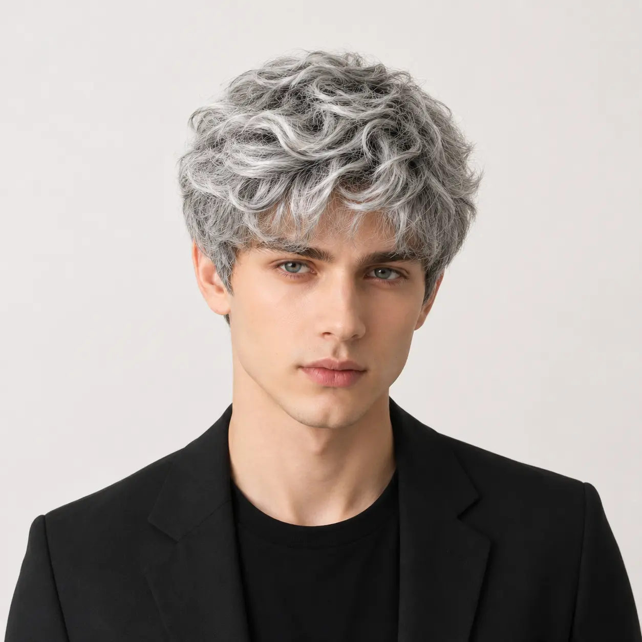 Men's Pre-Colored Synthetic Full Machine Wig - Short Layered Waves, Heat Resistant, Salt&Pepper Blend, Fashion Fluffy Wigs, Lightweight Wear, Natural Volume, Curly Front for Daily Fashion, Cosplay Party