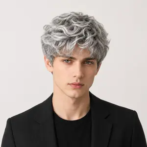 Men’s Silver Gray Short Wavy Wig, Natural Looking Salt and Pepper Layered Wig for Men, Fluffy Curly Front Synthetic Hairpiece for Cosplay, Daily Wear, Party & Photoshoot