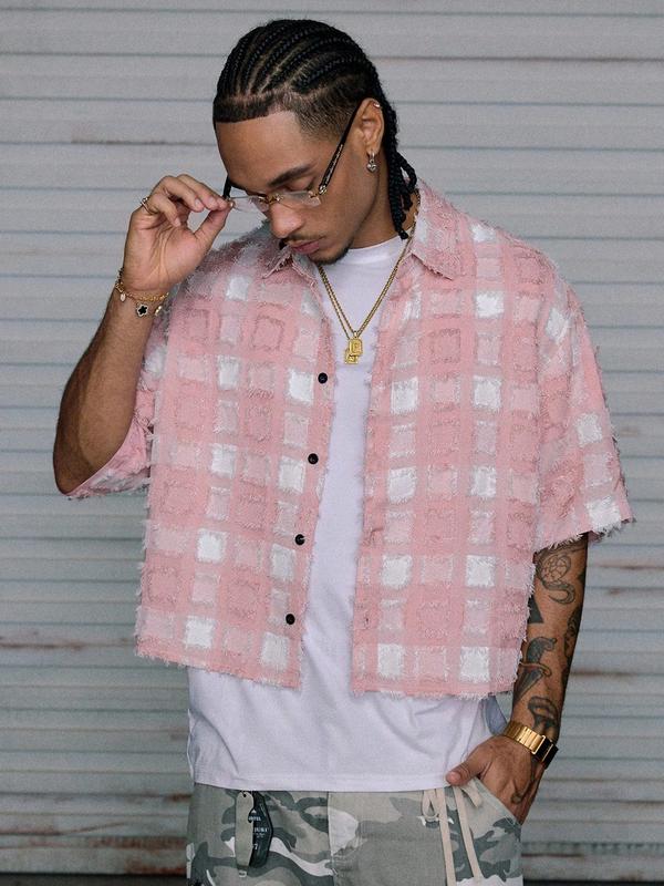 American Street Style Striped Short Sleeve Shirt, Letter Print Vintage Button-Up, Casual Loose Fit for All Seasons