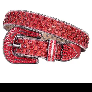 Red Rhinestone Buckle Belt with Sparkling Design and Silver Color Hardware