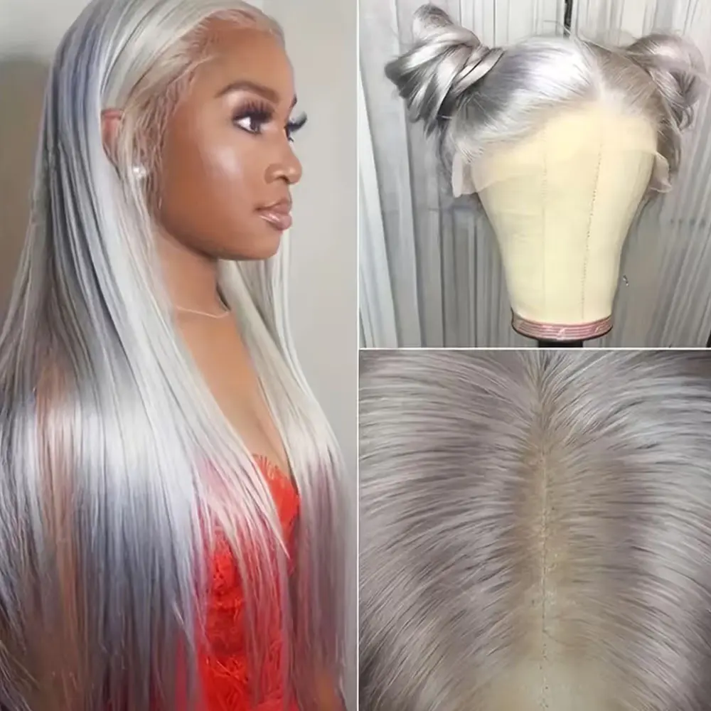 Sliver Grey Colored 28 Inch Long Straight Lace Front Wig for Women Heat Resistant Fiber Synthetic Silky Straight 13x4 Free Part Gray Wigs for Christmas Daily Use Party Cosplay